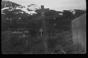 Image of Cemetery by mountain. Fence